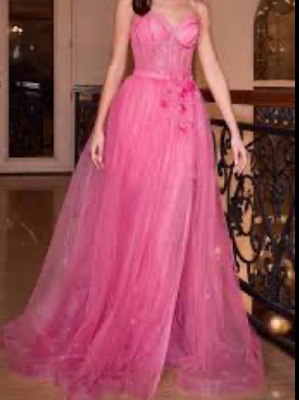 Romantic Hot Pink Strapless Tulle Prom Gown with Floral Accent